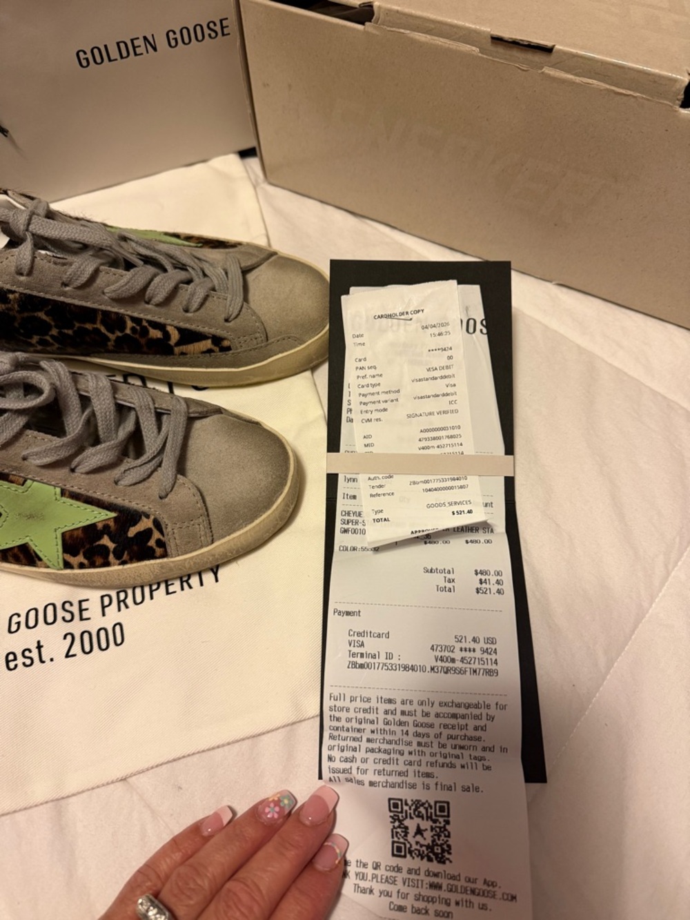 Golden Goose Leopard Print Sneakers with Green Star and Silver Heel - Picture 2 of 9